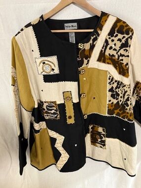 Indigo Moon Patchwork Animal Print Embroidered Wearable Art Jacket Blazer 2X